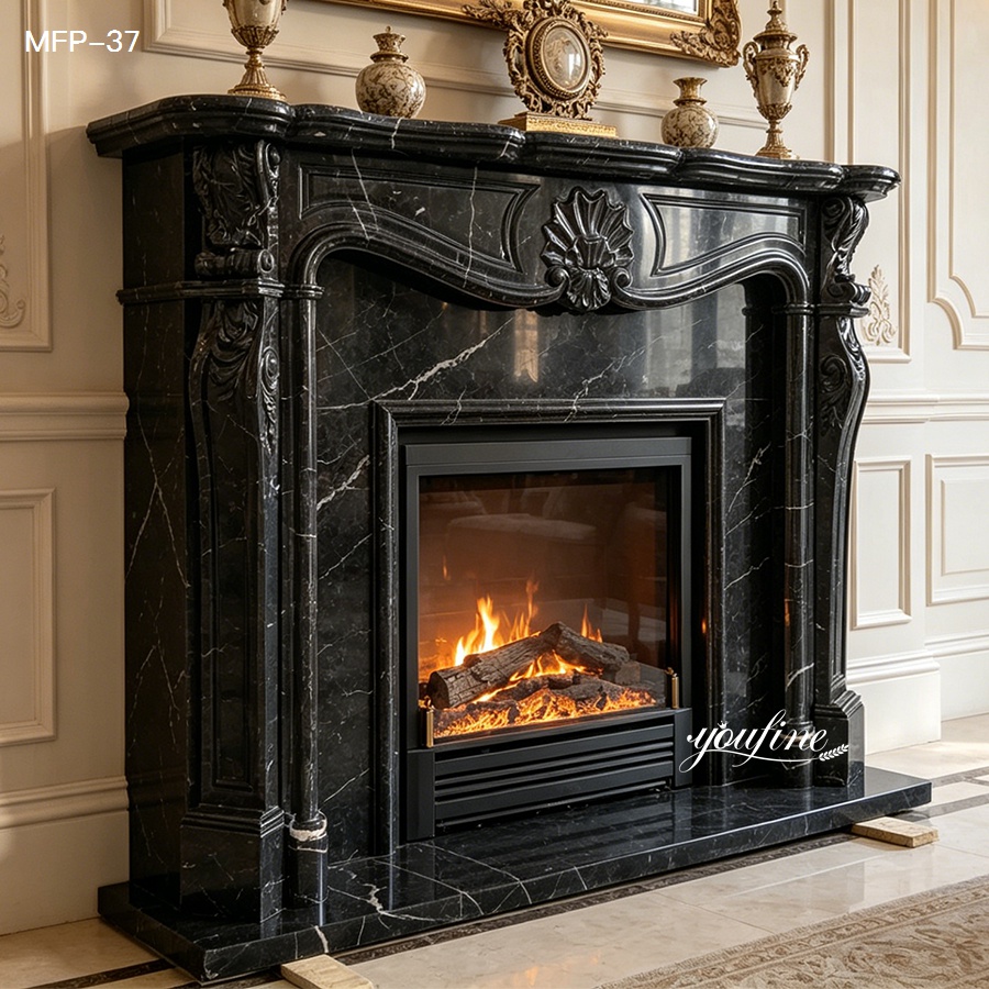 A luxurious black marble fireplace with intricate carvings and polished surface, featuring a glowing fire inside, surrounded by elegant decor.