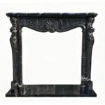 Black marble fireplace mantel featuring intricate carvings and polished finish, designed for luxurious interiors.