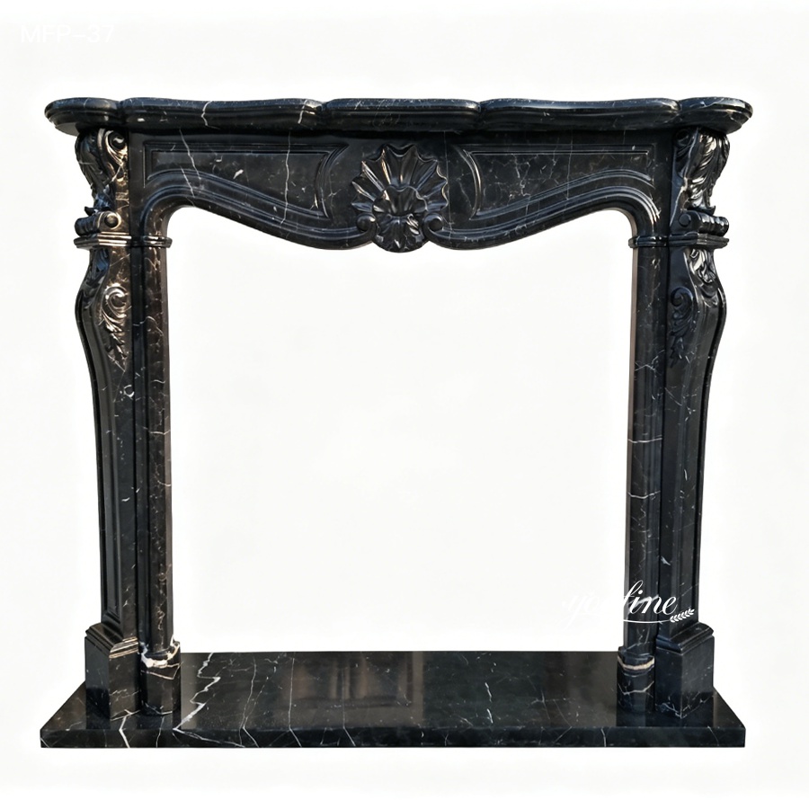 Black marble fireplace mantel featuring intricate carvings and polished finish, designed for luxurious interiors.