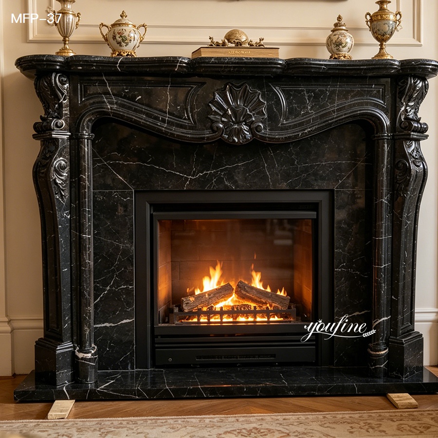 Luxurious black marble fireplace surround with intricate carvings, housing a glowing fire. Classic decor accents on mantle.