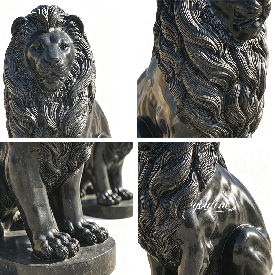 Close-up details of a black marble lion sculpture displaying intricate mane carving, muscular body, and polished finish.