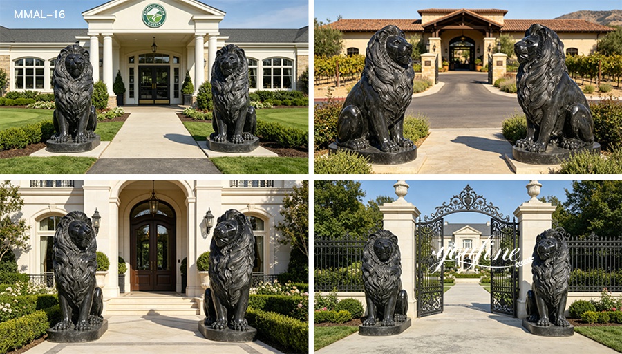 Four views of black marble lion sculptures placed at elegant estate entrances, showcasing their intricate carvings and regal presence.