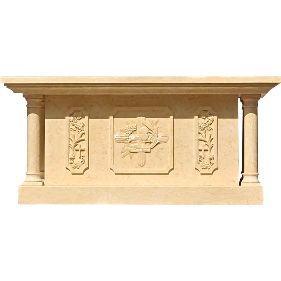 A beige marble altar featuring intricate carvings of a cross, floral patterns, and a central design element, supported by two columns.