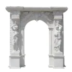 Intricately carved marble arch featuring two female statues on pedestals and ornate detailing across the structure.