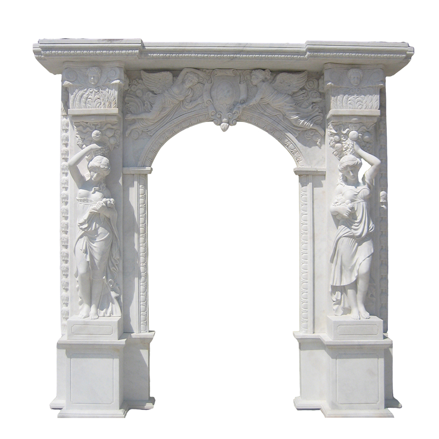 Intricately carved marble arch featuring two female statues on pedestals and ornate detailing across the structure.
