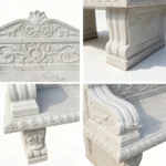 Close-up views of carved marble bench featuring intricate floral motifs, ornamental edges, and sturdy decorative legs.