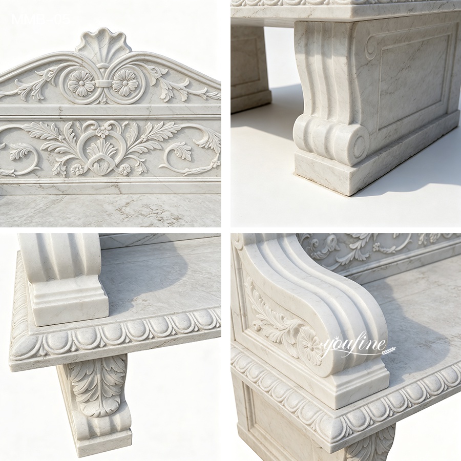 Close-up views of carved marble bench featuring intricate floral motifs, ornamental edges, and sturdy decorative legs.