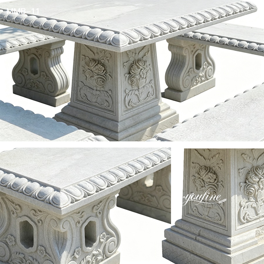 Detailed marble table featuring intricate rose carvings with textured edges and supporting marble legs, suitable for luxury settings.