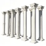 A symmetrical row of classic white marble columns with detailed Corinthian-style capitals against a white background.