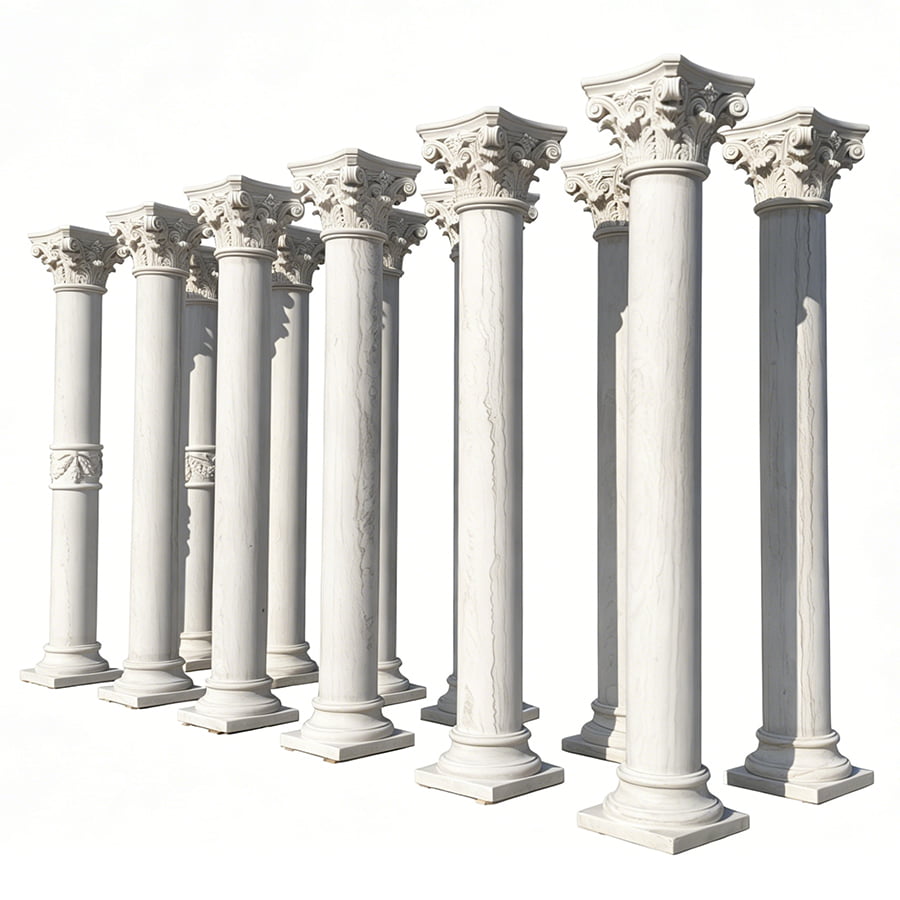 A symmetrical row of classic white marble columns with detailed Corinthian-style capitals against a white background.