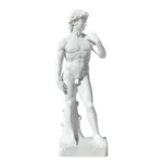 A detailed marble replica of Michelangelo's David sculpture featuring intricate craftsmanship and realistic anatomy.