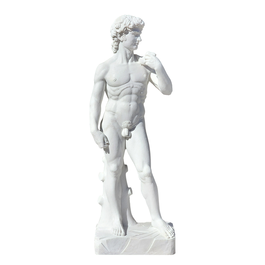 A detailed marble replica of Michelangelo's David sculpture featuring intricate craftsmanship and realistic anatomy.