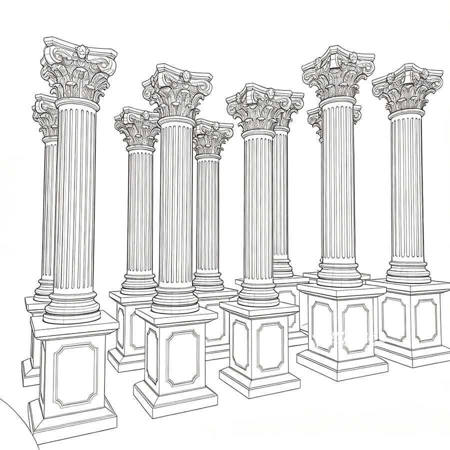Detailed black-and-white illustration of multiple Corinthian columns showcasing intricate floral capitals and fluted shafts.