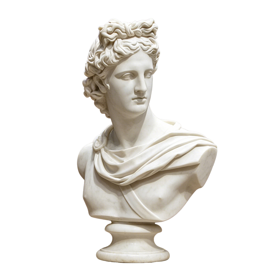 A finely carved classical marble bust sculpture featuring detailed drapery and curly hair, displayed on a pedestal.