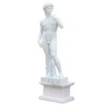 A classical marble male figure sculpture standing on a pedestal, showcasing fine details and artistic craftsmanship.