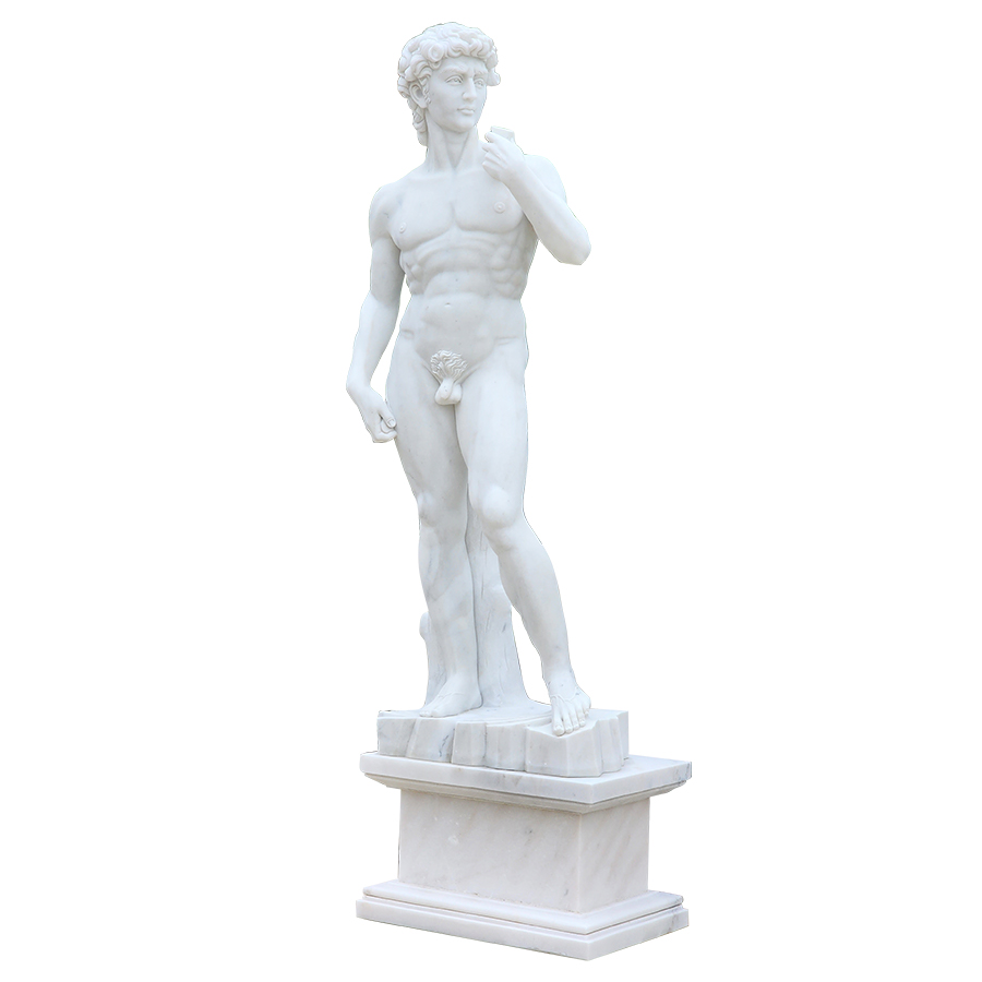 A classical marble male figure sculpture standing on a pedestal, showcasing fine details and artistic craftsmanship.