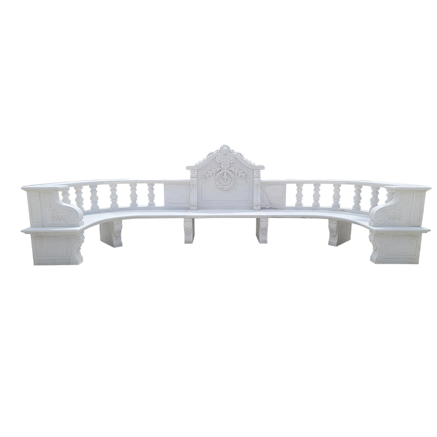 Elegant white marble bench with curved design, intricate carvings, and a central decorative panel, ideal for outdoor spaces.
