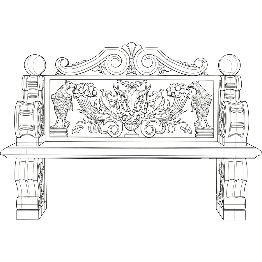 Detailed sketch of an ornate marble mantel with intricate floral patterns, eagle motifs, and central decorative elements.
