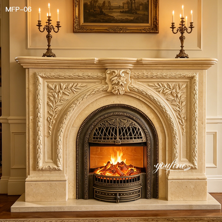 Exquisite marble fireplace featuring intricate carvings with an arched center and glowing fire, framed by detailed metallic grate.