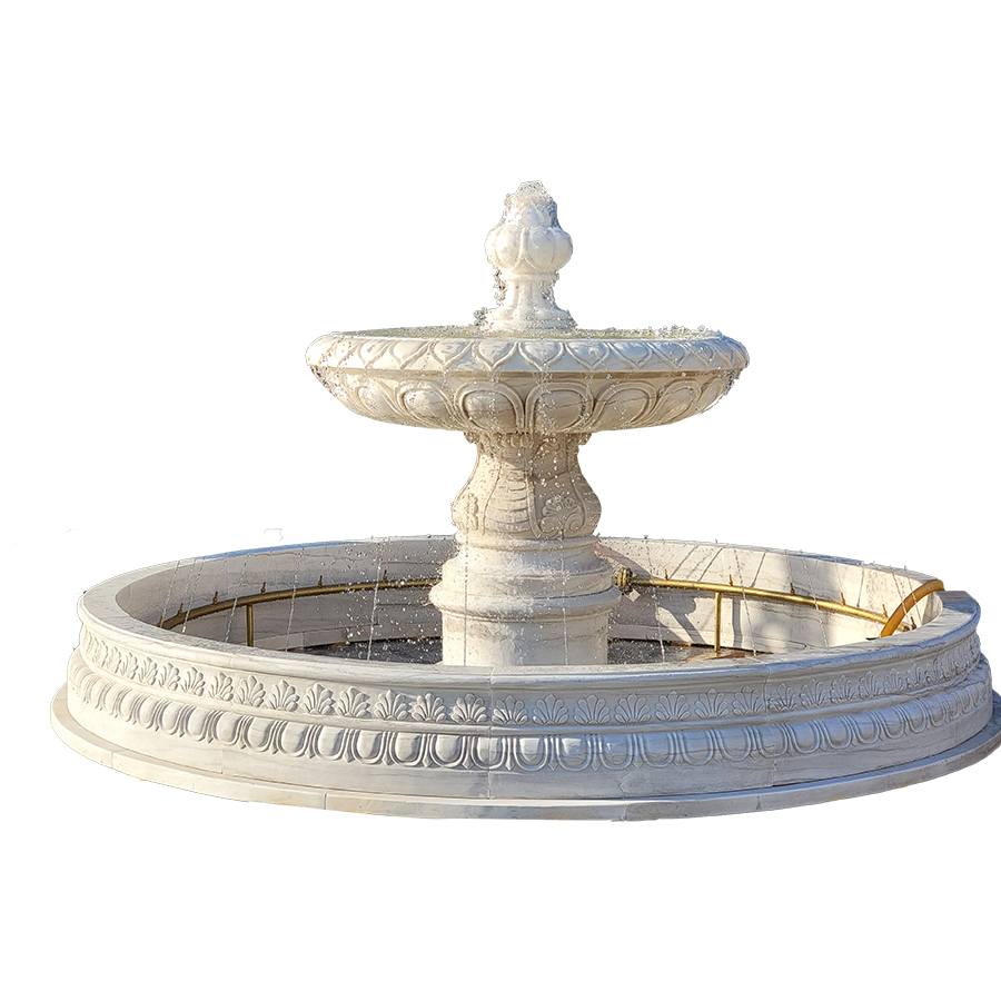 Large tiered marble fountain featuring detailed carvings and circular basin against a white background.
