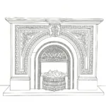 Line art of an ornate marble fireplace design featuring detailed floral accents, arch patterns, and a decorative mantle.