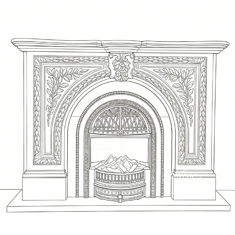Line art of an ornate marble fireplace design featuring detailed floral accents, arch patterns, and a decorative mantle.