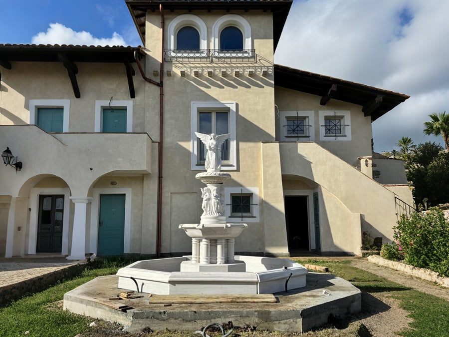 large size hand carved marble fountain, real case installed at Italy countryside villa courtyard