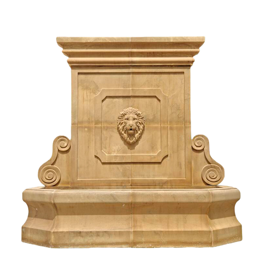 Elegant marble wall fountain featuring a carved lion head design and ornate decorative elements, ideal for luxury spaces.
