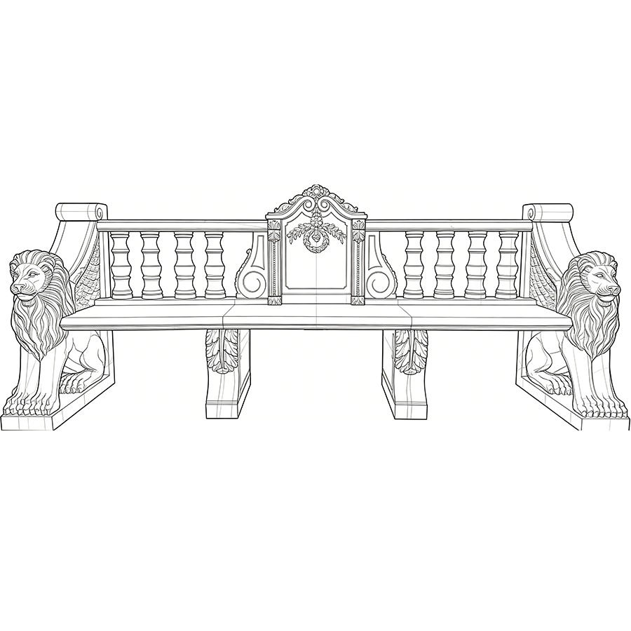 Illustration of an ornate marble bench with balustrades, floral details, and lion statues on each side, showcasing intricate design.