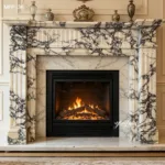 Elegant black and white marble fireplace with ornate detailing and a warm fire burning within, surrounded by classic home decor.