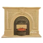 Elegant marble fireplace with intricate carvings, ornate borders, and a faux fire design showcasing warmth and craftsmanship.