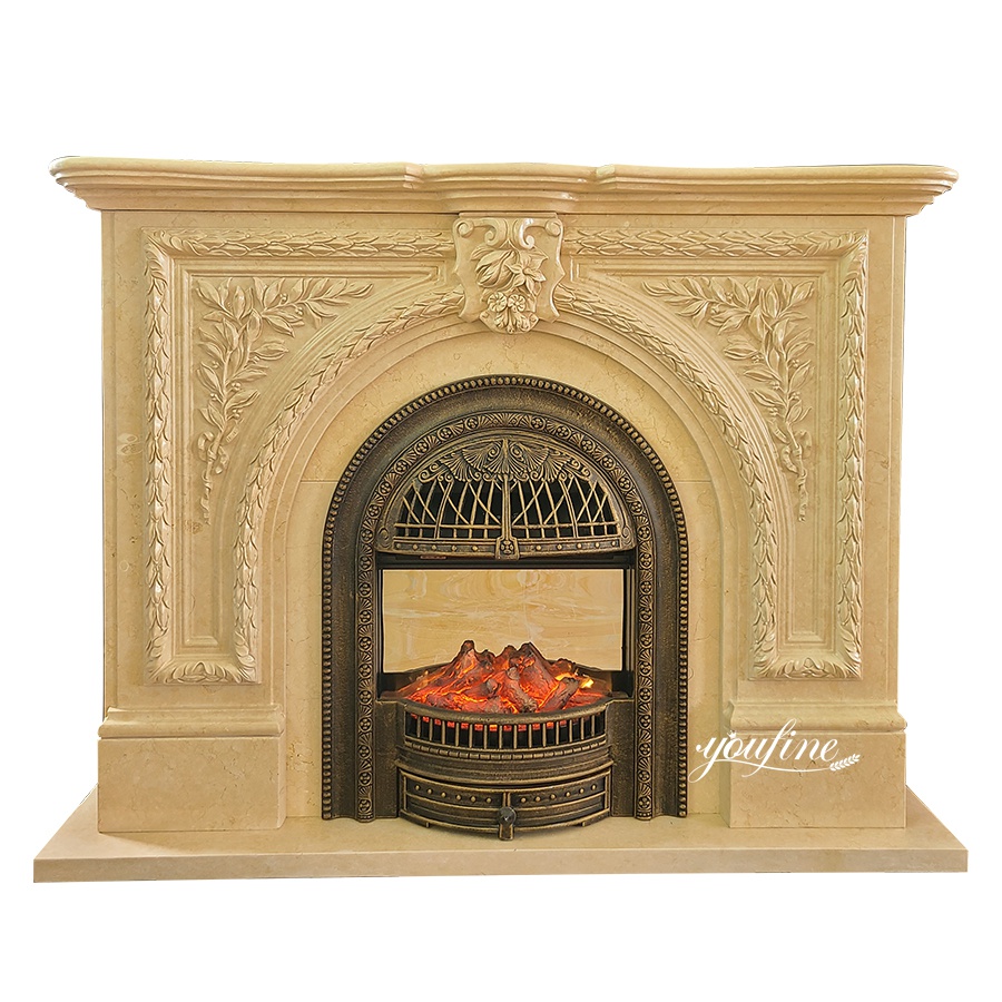 Elegant marble fireplace with intricate carvings, ornate borders, and a faux fire design showcasing warmth and craftsmanship.