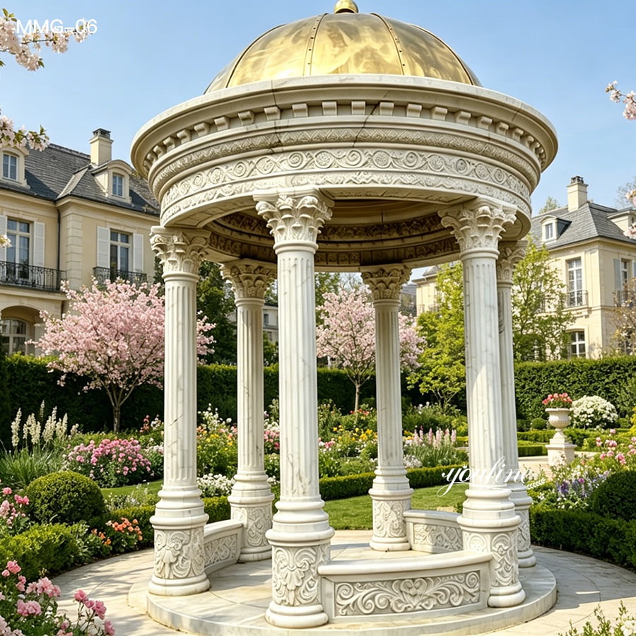 Luxurious marble gazebo with carved columns and a golden dome, set in a lush garden with blooming flowers and elegant architecture.