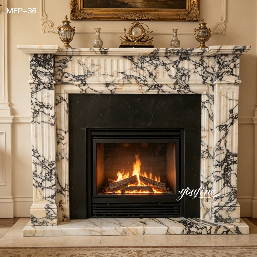 Elegant white marble fireplace with black veining, intricate details, and a glowing fire, complemented by vintage decor on mantel.