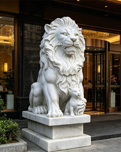 Marble Sitting Lion with Cub Statue
