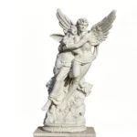 A finely detailed marble sculpture of an angel and a woman in an elegant embrace, highlighting expert craftsmanship and intricate design.