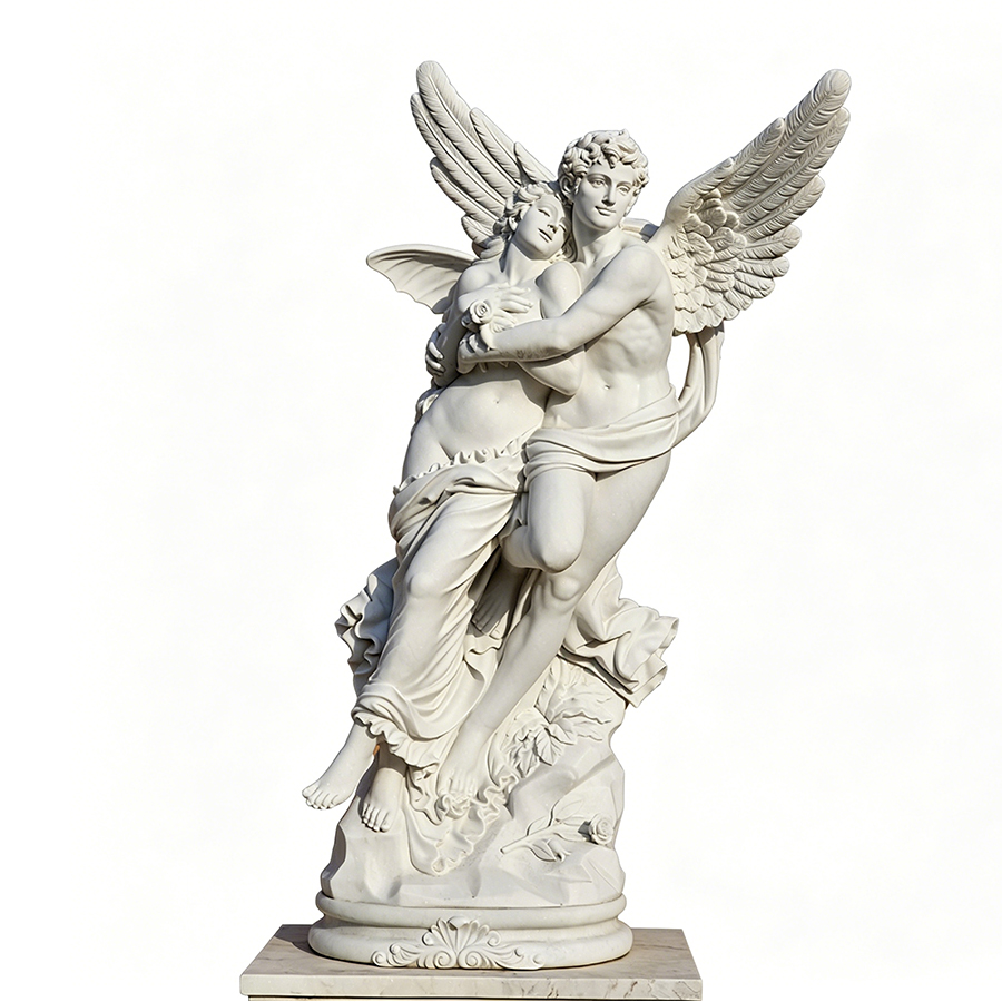 A finely detailed marble sculpture of an angel and a woman in an elegant embrace, highlighting expert craftsmanship and intricate design.