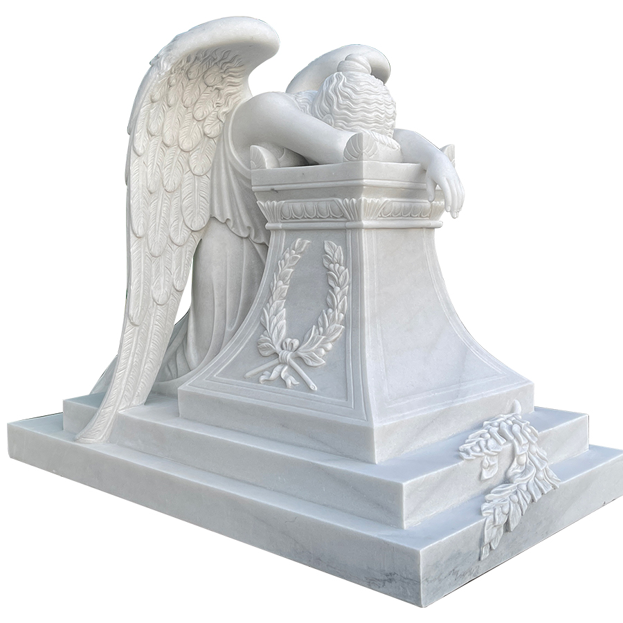 A finely carved white marble sculpture of an angel leaning over a pedestal, showcasing intricate wings and laurel embellishments.