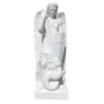 Detailed white marble statue of an angel warrior holding a shield and a staff, with a serpent at its feet, carved with intricate detail.