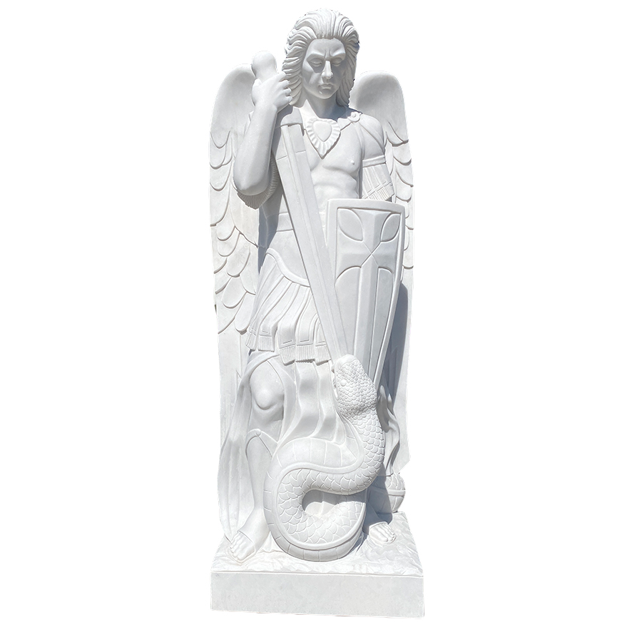 Detailed white marble statue of an angel warrior holding a shield and a staff, with a serpent at its feet, carved with intricate detail.