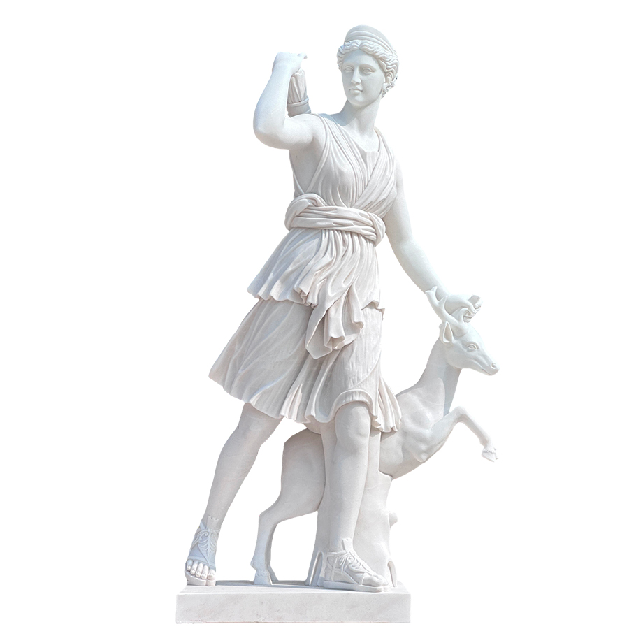 A finely detailed white marble statue of Artemis, the Greek goddess, holding a deer in a graceful pose, showcasing intricate carving.