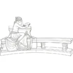 Sketch of a curved marble bench design with a seated woman reading a book, draped in flowing garments, and intricate decorative elements.