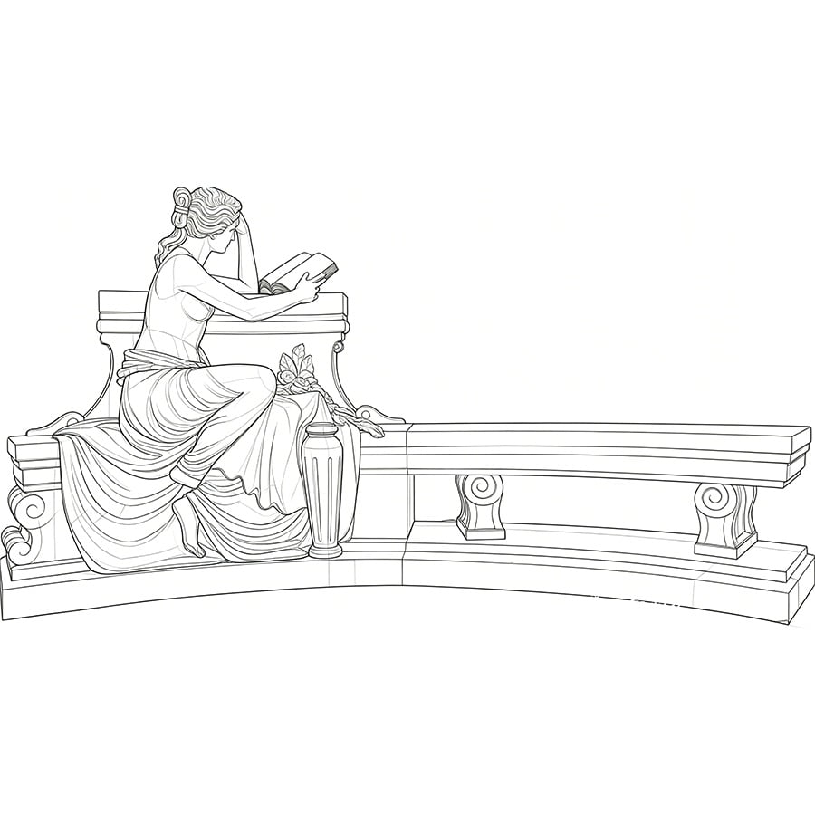 Sketch of a curved marble bench design with a seated woman reading a book, draped in flowing garments, and intricate decorative elements.