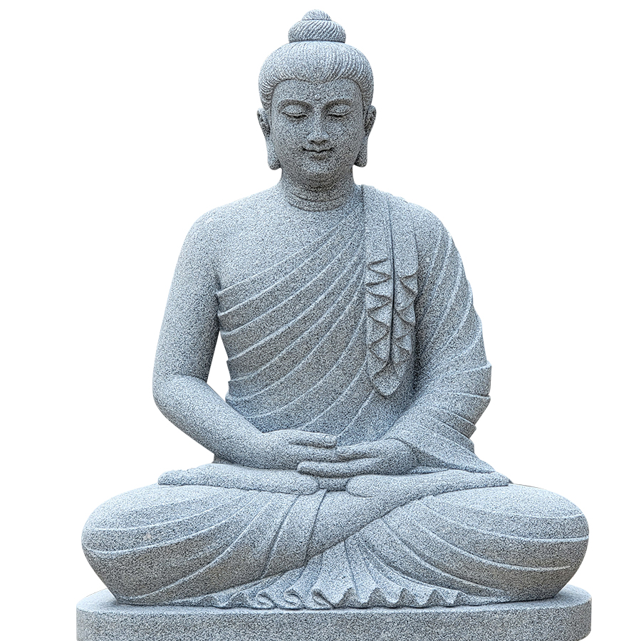 Elegant marble statue of Buddha in a seated meditation pose with intricately carved robe details and serene posture.