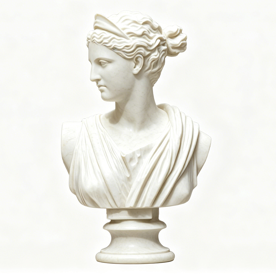 A finely crafted white marble bust sculpture featuring detailed drapery and an elegant hairstyle, set on a pedestal.