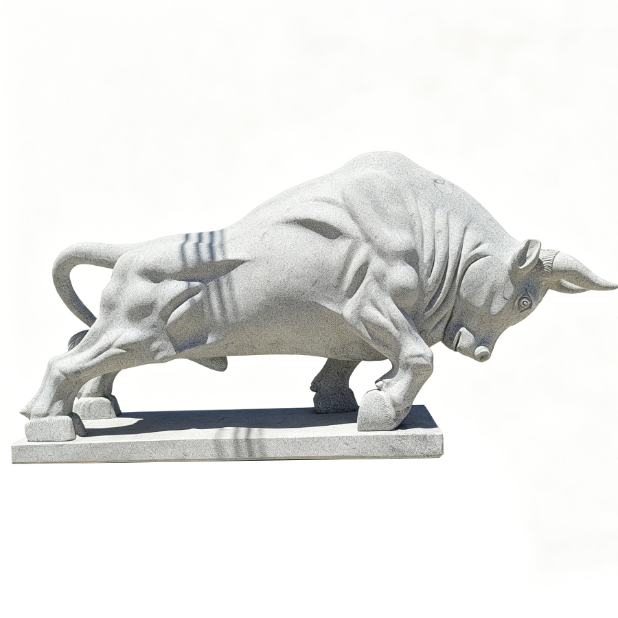 A detailed marble sculpture of a charging bull, depicting strength and motion, placed on a smooth pedestal against a white background.