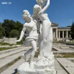 Exquisite marble sculpture of two classical figures posed in a dramatic composition, situated in an outdoor setting with columns.