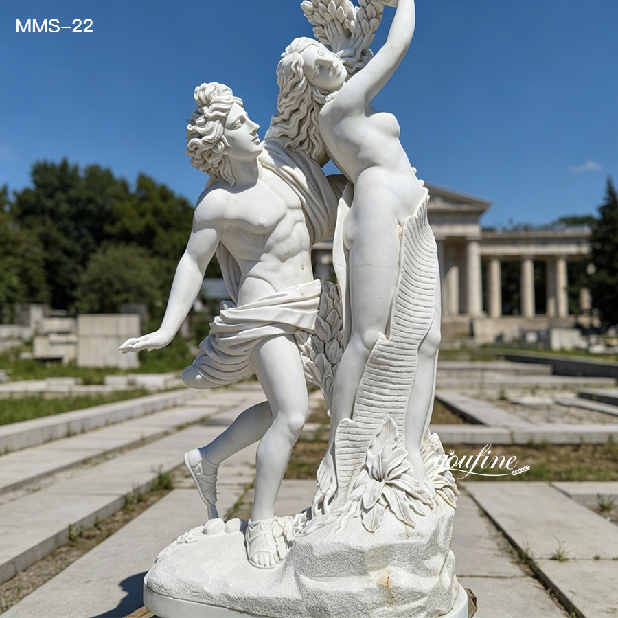 Exquisite marble sculpture of two classical figures posed in a dramatic composition, situated in an outdoor setting with columns.