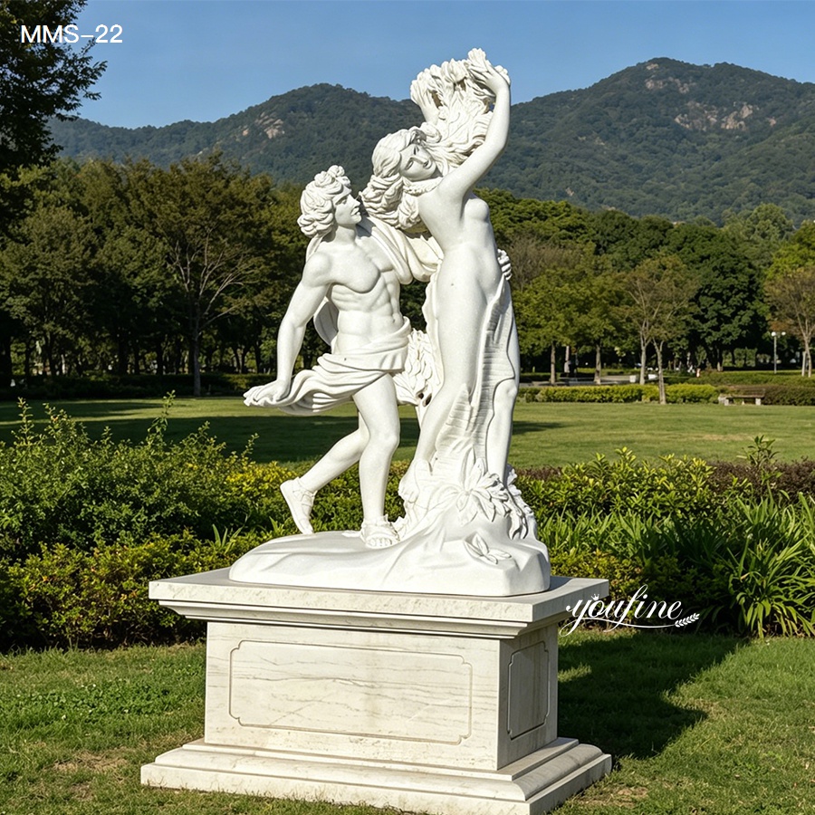 White marble sculpture depicting a couple in a dynamic pose set against a lush green park with mountains in the background.
