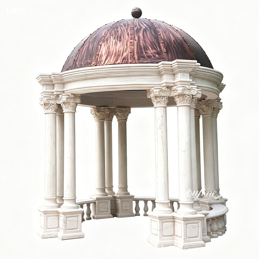 Exquisite marble pavilion featuring ornate columns and a copper dome, embodying high-end craftsmanship and architectural detail.